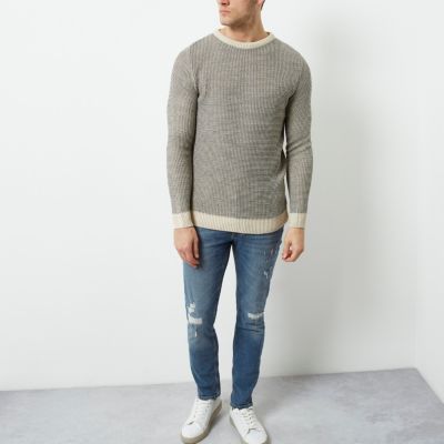 Grey and cream textured knit slim fit jumper